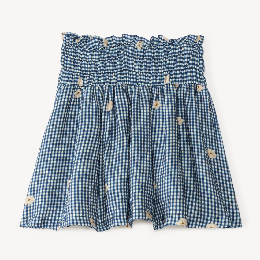 Falda de niña vichy con fruncido y bordado floral 