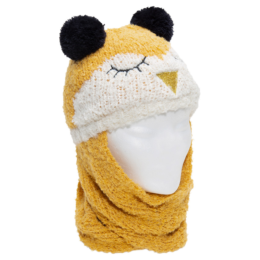 Gorro con bufanda de punto con dibujo de pájaro con orejas con forma de pompones 