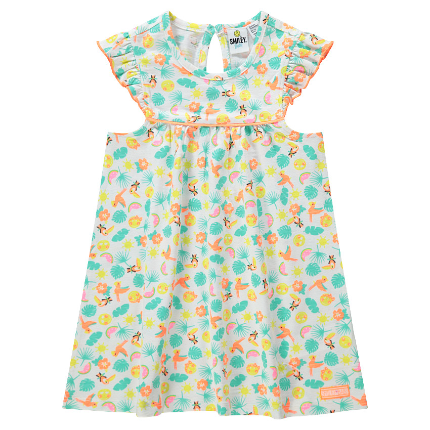 Vestido de manga corta de con volantes y estampado tropical all over 