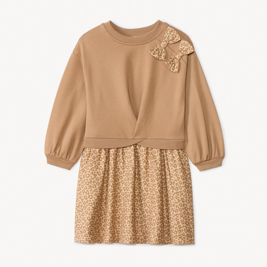 Vestido efecto 2 en 1 bicolor con estampado de leopardo para niña 