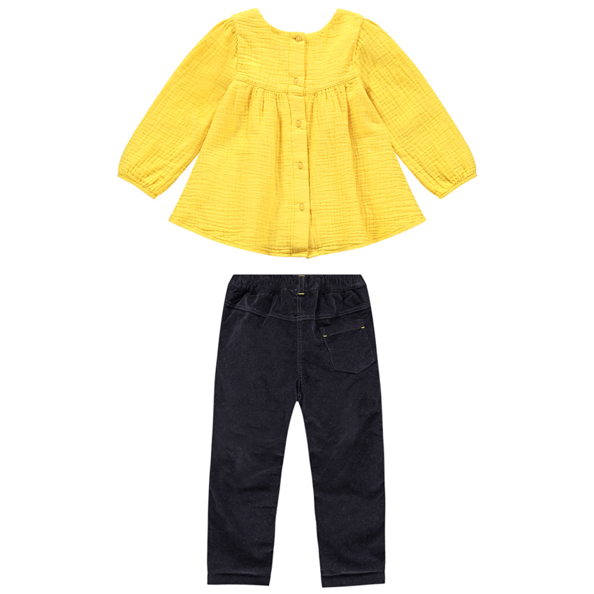 Ensemble avec tunique en gaze de coton et pantalon en velours 