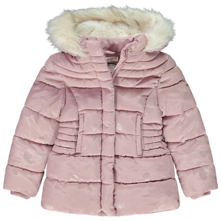 Chaqueta larga de niña con estampado de corazones y pelo sintético en la capucha 