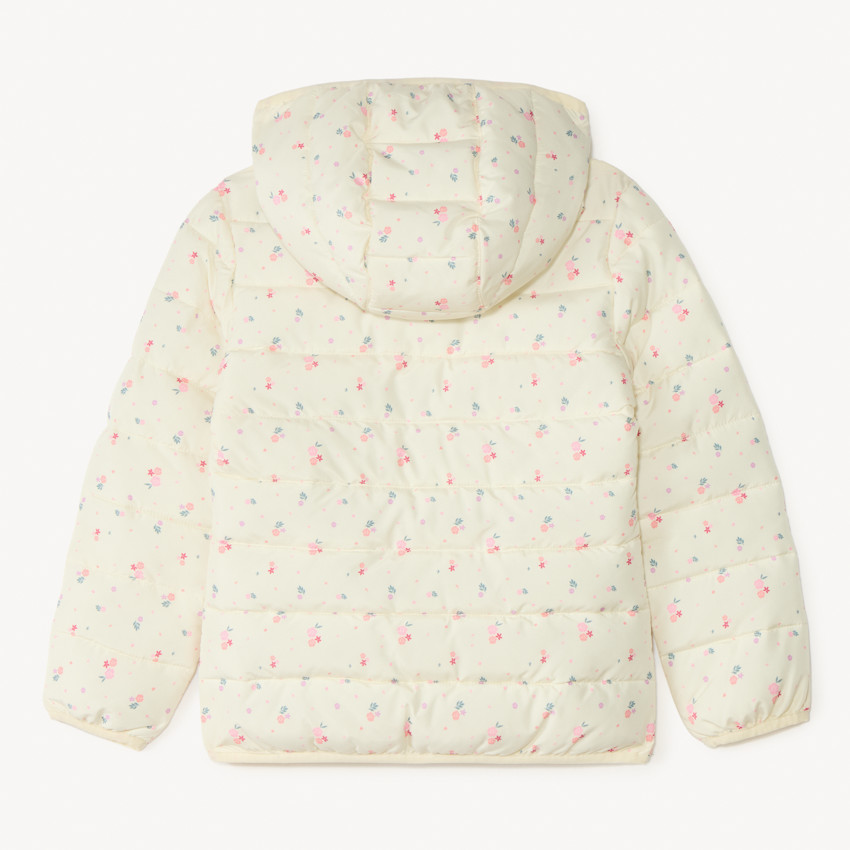 Chaqueta ligera acolchada con capucha y estampado floral para niña. 
