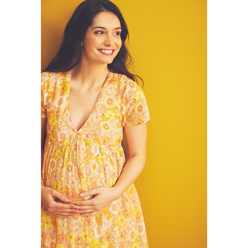 Vestido de manga corta con volantes y estampado retro para mujer 