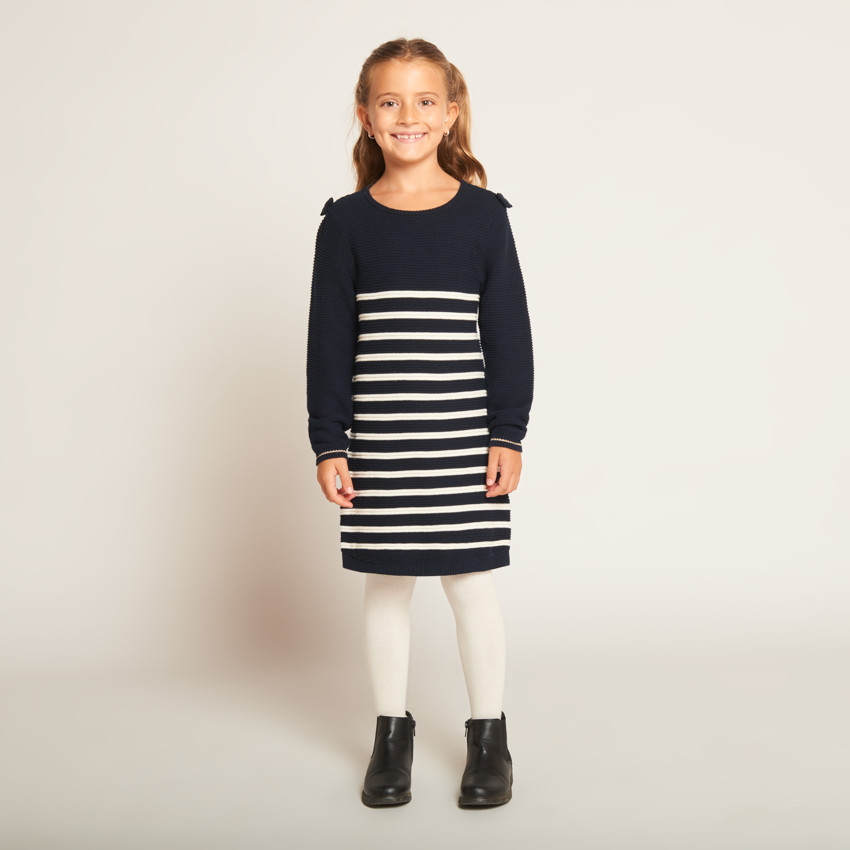 Vestido de punto efecto marinière con lazos en los hombros para niña 