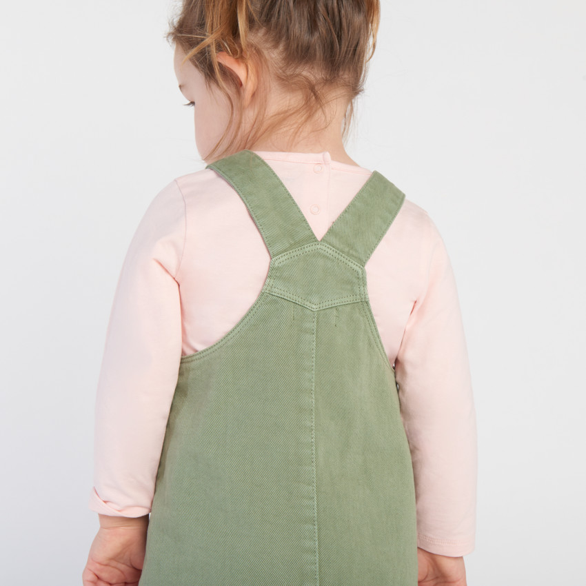 Vestido peto liso de denim kaki con bolsillos para bebé niña 