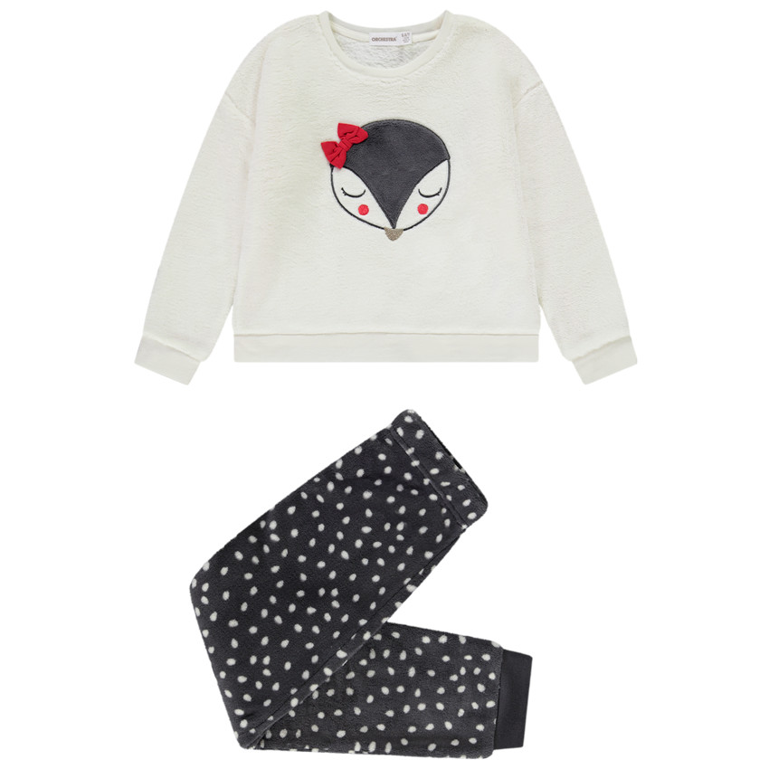 Pyjama polaire broderie fantaisie et imprim pois pour fille