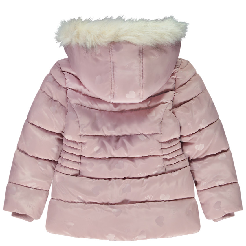 Chaqueta larga de niña con estampado de corazones y pelo sintético en la capucha 