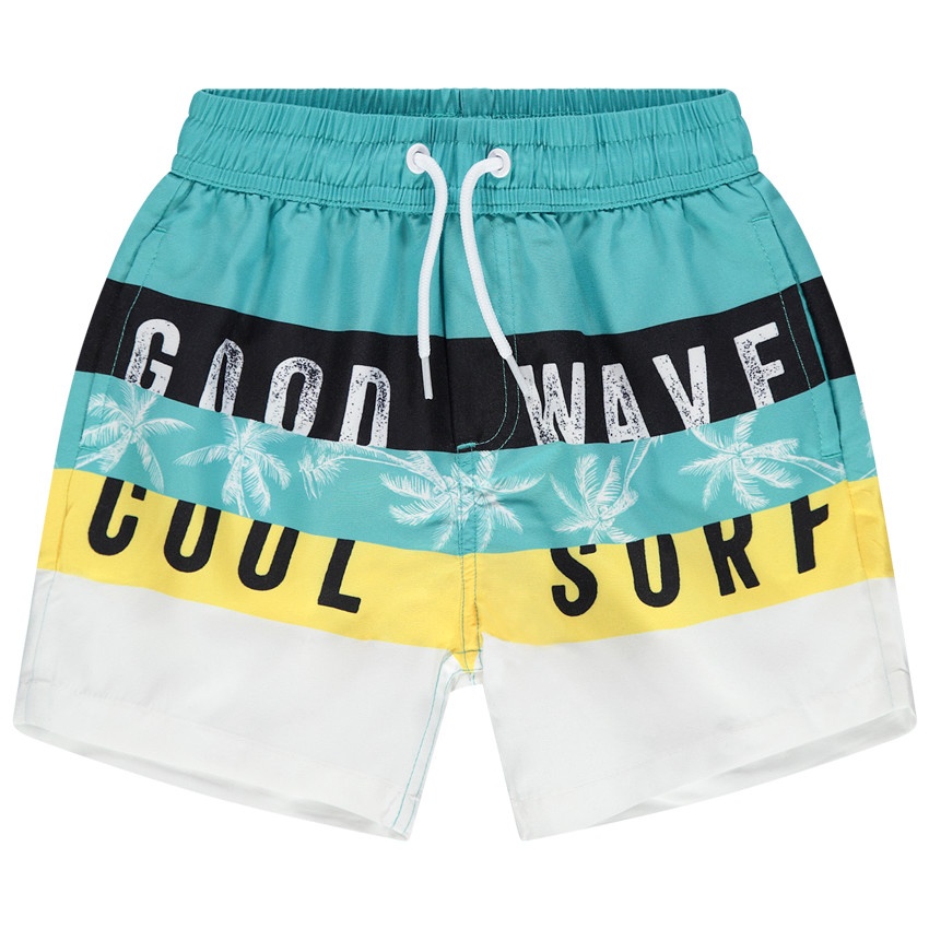 Short de bain à bandes contrastées et palmiers 