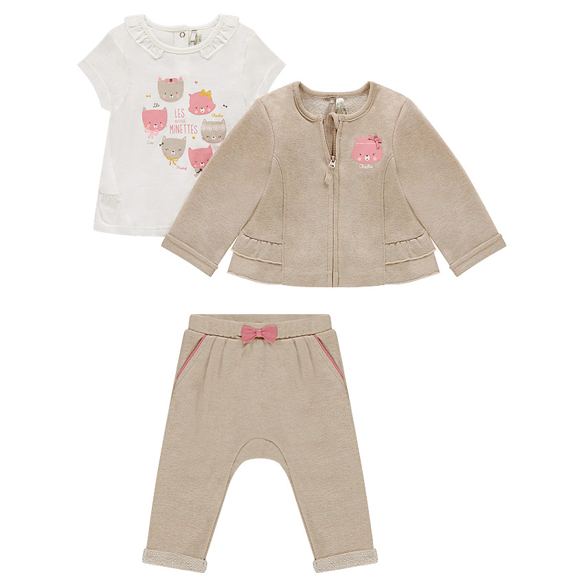 Conjunto de 3 piezas con camiseta estampada, chaqueta con cremallera y pantalón de muletón 