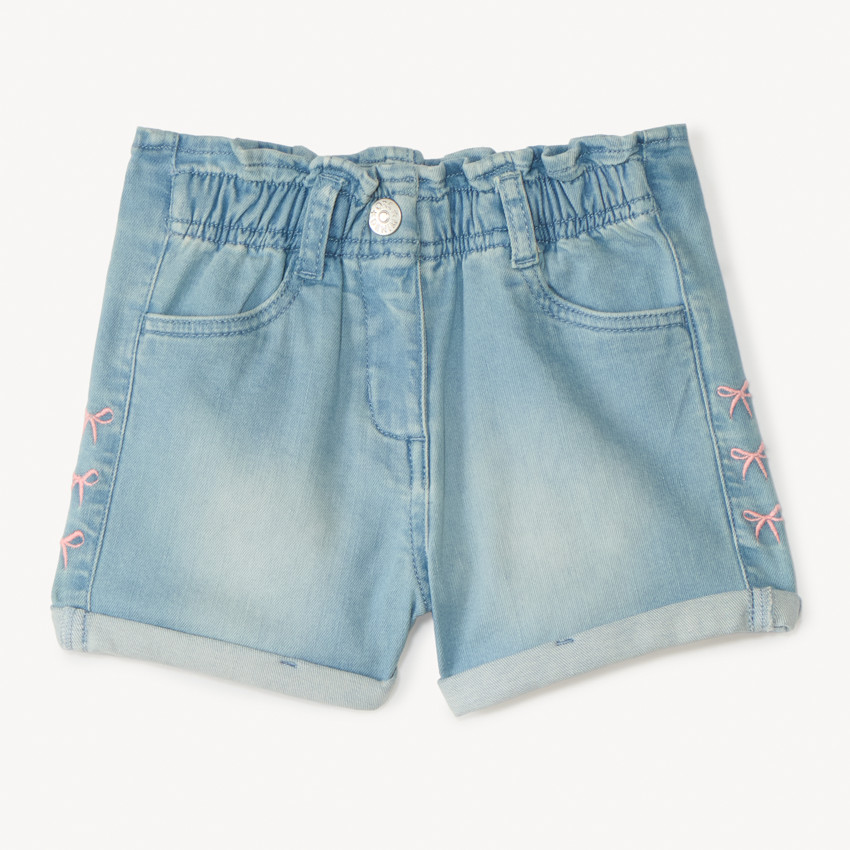 Short vaquero con cintura elástica y bordado de lazos para niñas. 