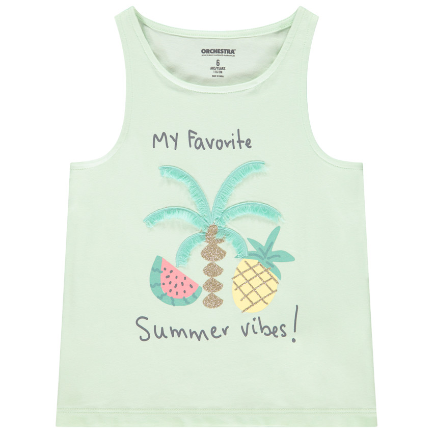 Camiseta sin mangas lisa con palmera bordada y flecos para niña 