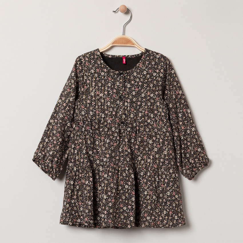 Robe manches longues à fleurs et fines rayures dorées 