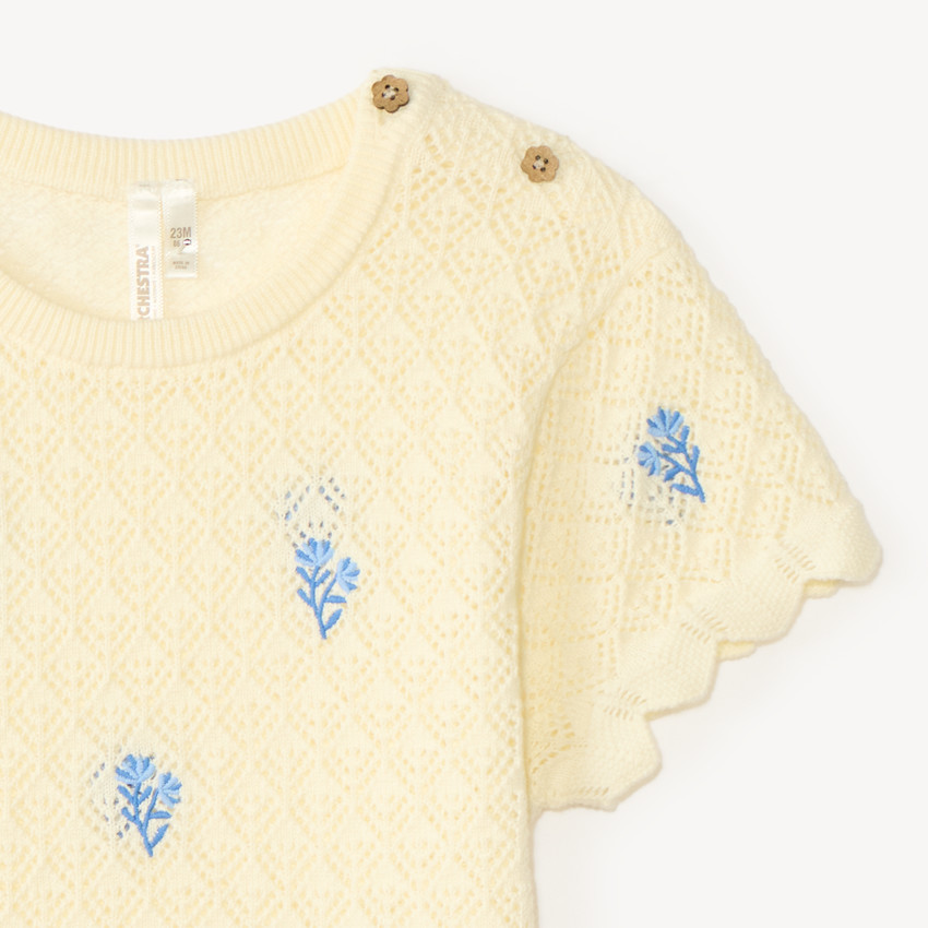 Camiseta de manga corta de punto con bordados de flores para niña bebé 