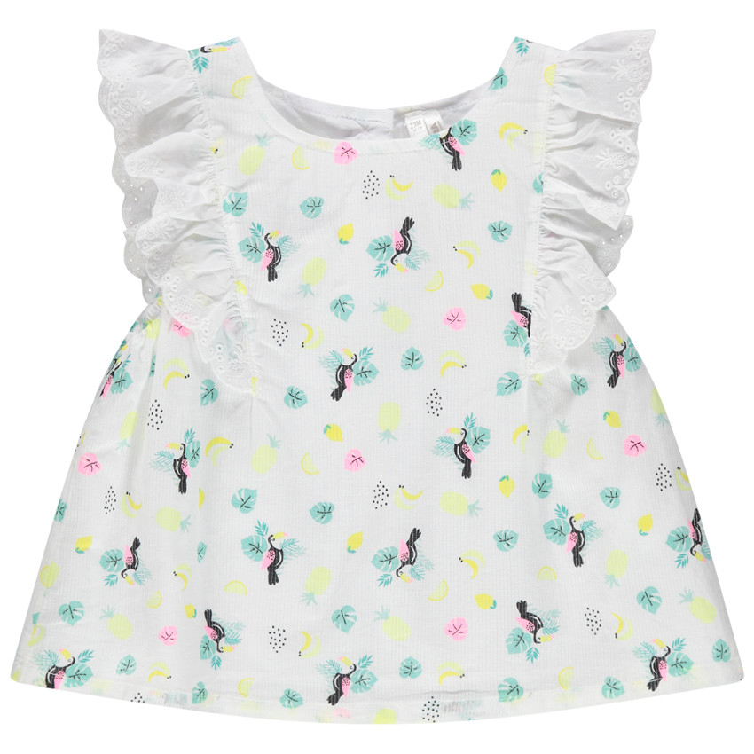 Top mangas cortas con bordado ingles y toucans estampados 