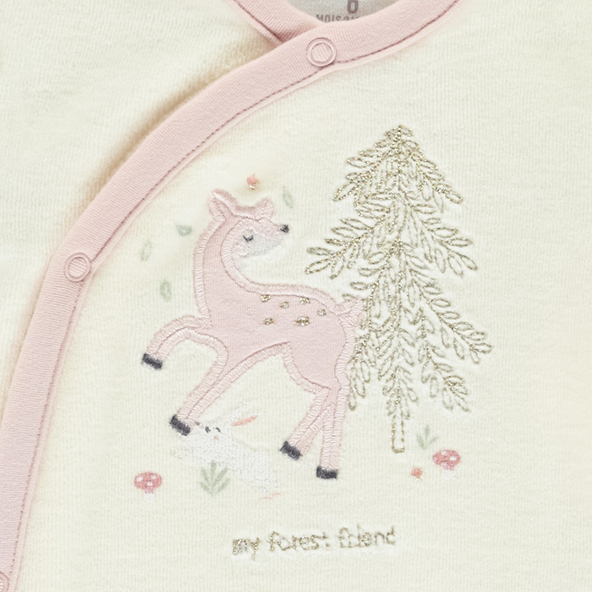 Pelele de terciopelo fantasía con doudou a juego para bebé niña con aperturas adaptadas según la edad 