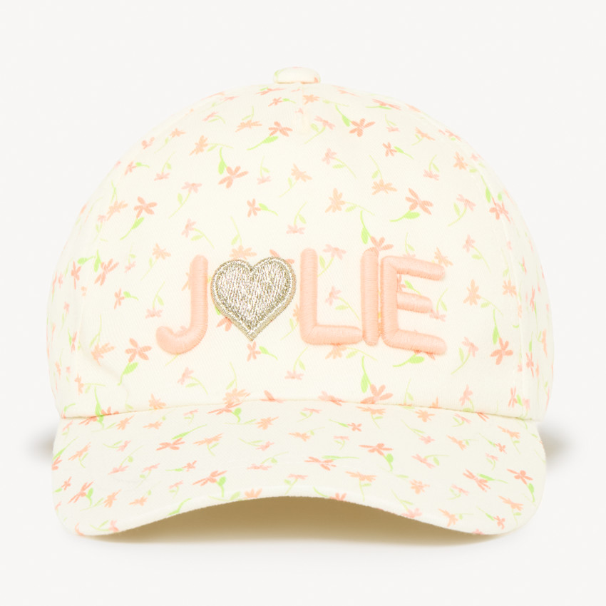 Gorra de twill con estampado de flores y bordado "Jolie" para niña. 