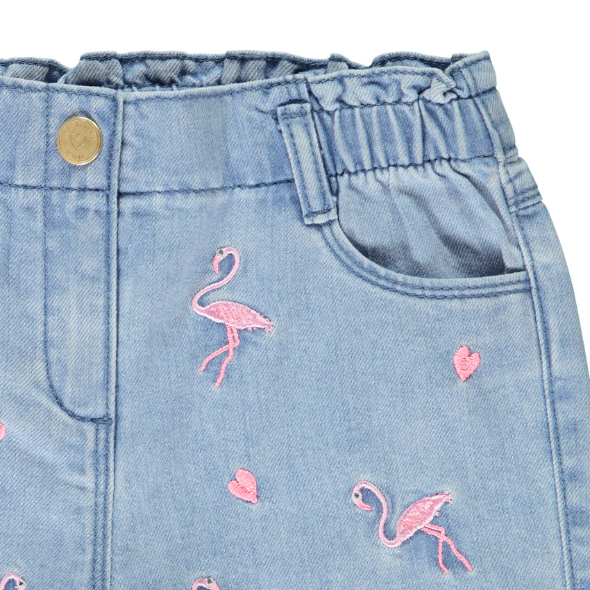 Short uni de mezclilla con flamencos rosas bordados para niña 