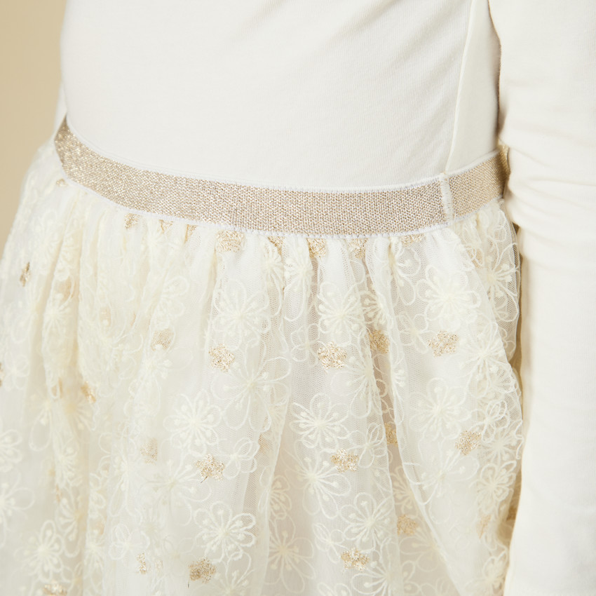 Vestido de ceremonia de manga larga efecto 2 en 1 en tul bordado para niña 