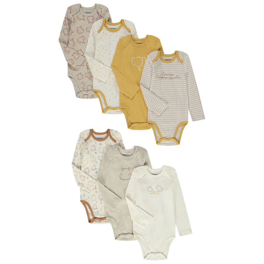 Pack de 7 bodies de manga larga para bebé niño con estampados variados 