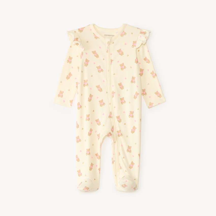 Dormir en traje de punto de canalé con cremallera y estampado de oso para niña 