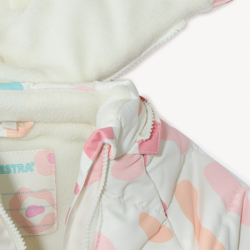Combi-pilote de ski imprimé arty pour bébé fille avec finitions différentes selon l'âge 