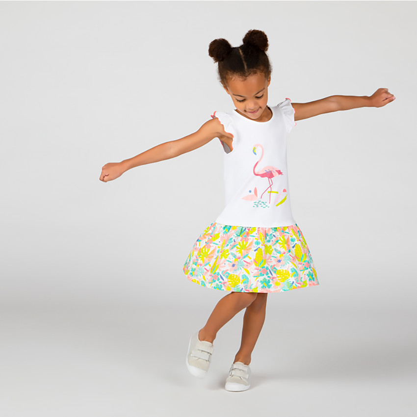 Vestido bicolor de manga corta de punto para niña 