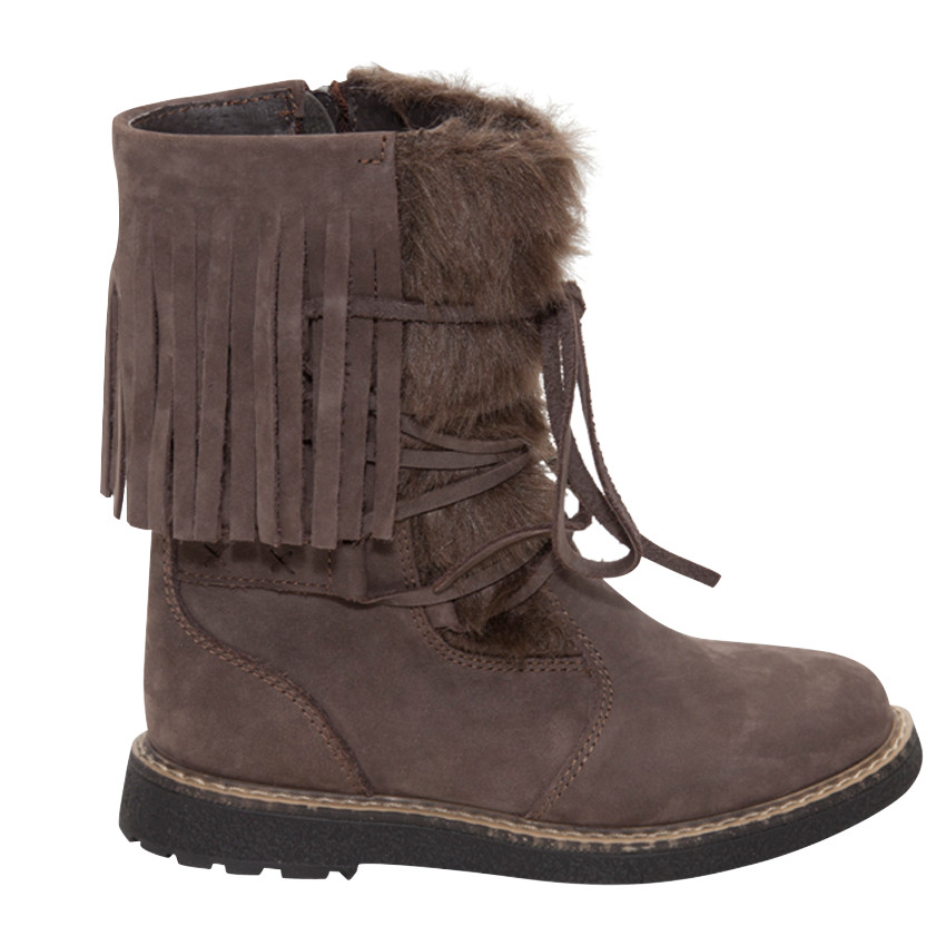 Botines de piel con lazada, pelo sintético y flecos 