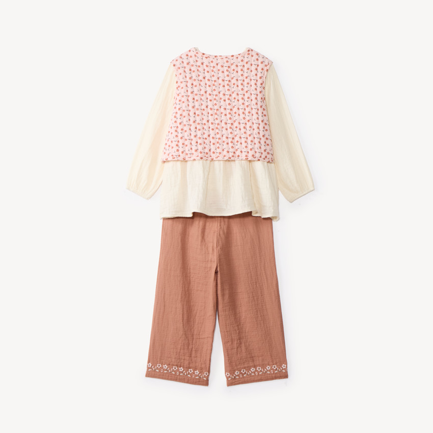 Conjunto de 3 piezas para bebé niña: blusa + pantalón + chaleco sin mangas con flores. 