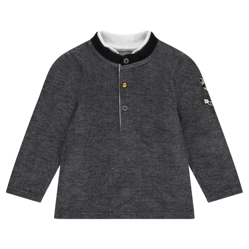 Polo de felpa jaspeada con parches y cuello de fantasía 