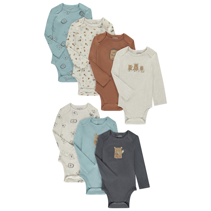 Pack de 7 bodies de manga larga con estampados de animales para bebé niño con diferentes aberturas según la edad. 