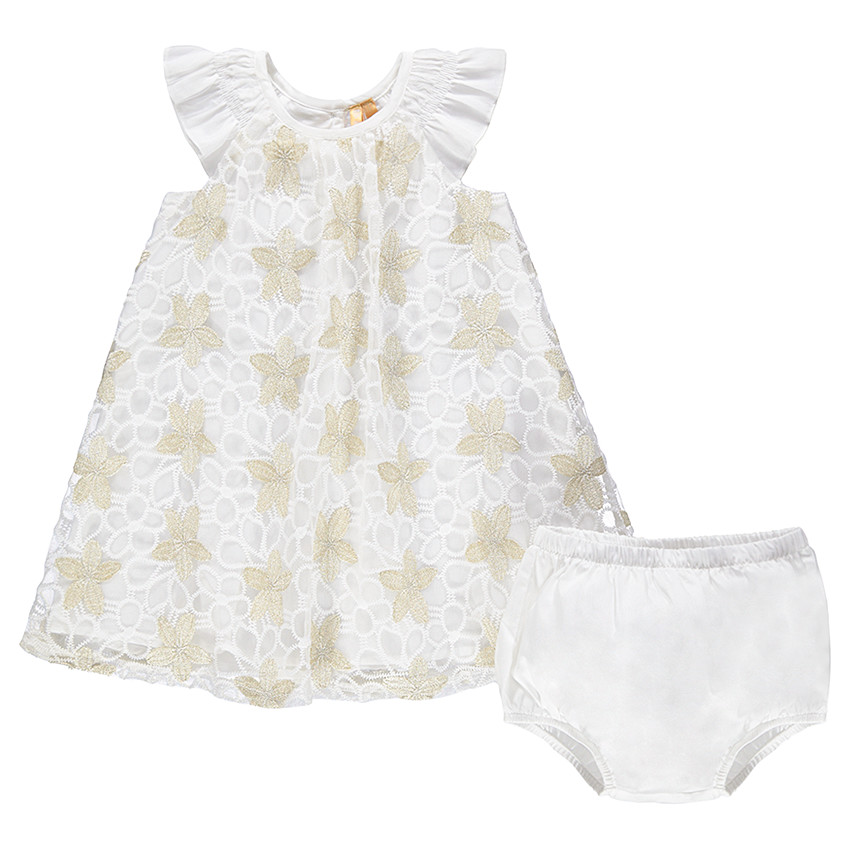 Vestido de fiesta de encaje con flores doradas y bloomer liso 