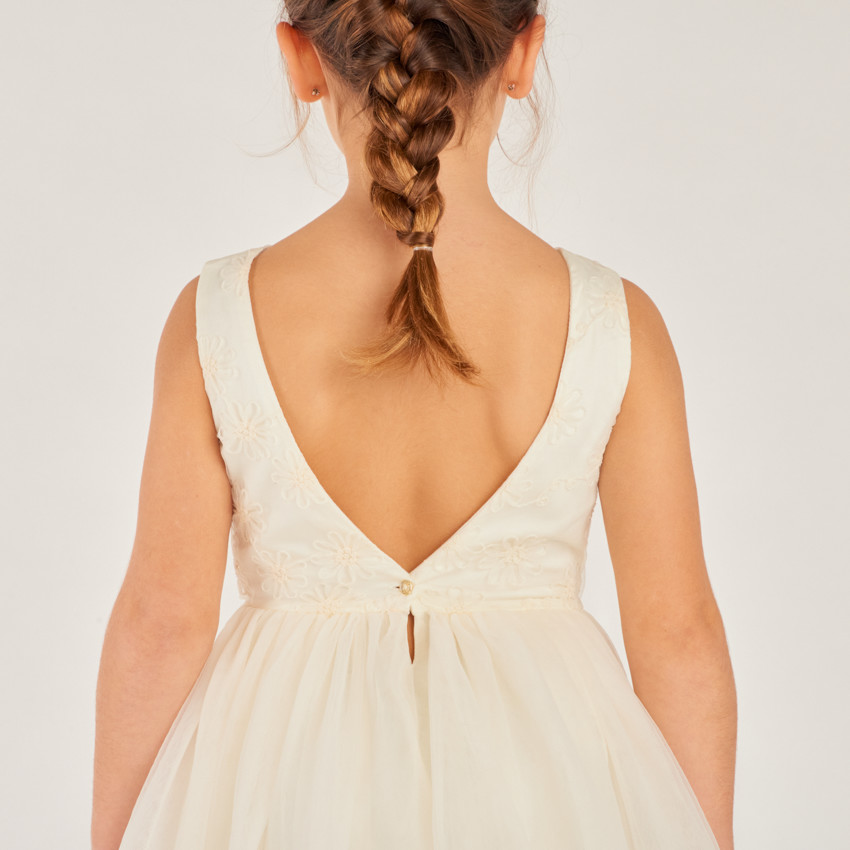 Robe de ceremonia de satén y tul con flores para niña 