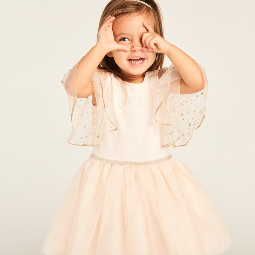 Vestido de manga corta de tul brillante con efecto 2 en 1 para niña bebé 