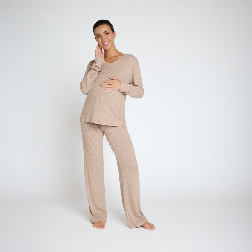 Conjunto pijama premamá liso de punto acanalado 