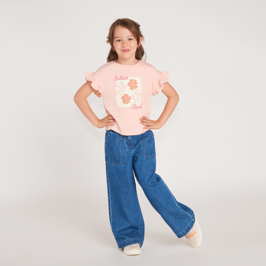 Pantalones de mezclilla anchos con bolsillos de parche para niña. 