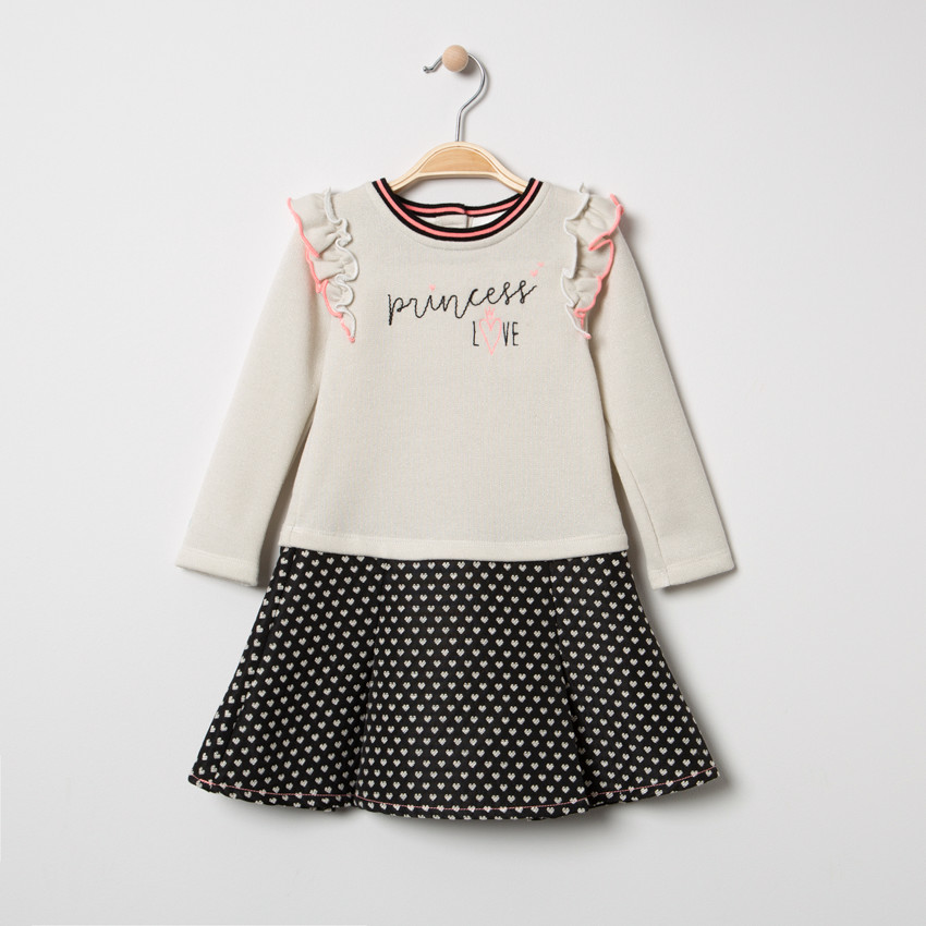 Vestido con manga larga y efecto 2 en 1 con volantes y corazones estampados 