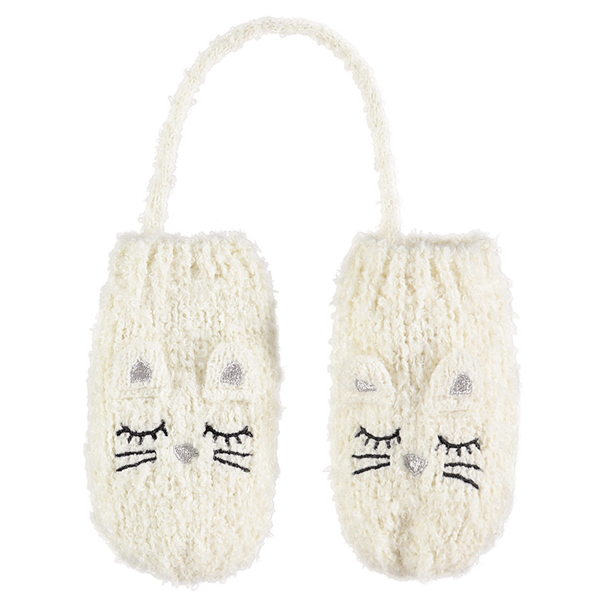 Manoplas de punto suave de color crudo con orejas de relieve y detalles bordados 