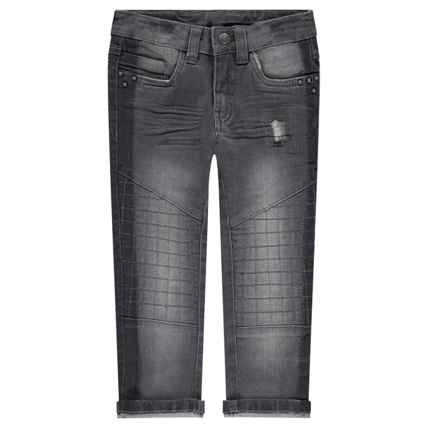 Vaqueros con efecto gastado y arrugado con ribetes de fantasía 