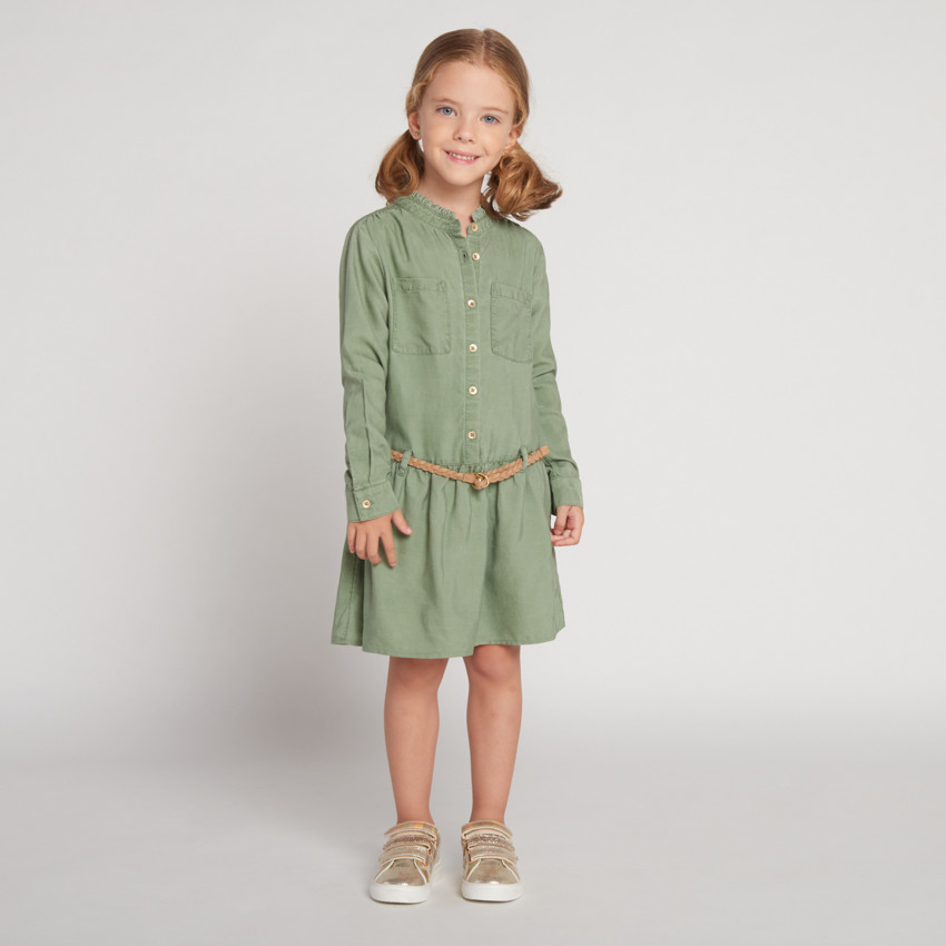 Vestido de manga larga estilo camisa con cinturón para niña 