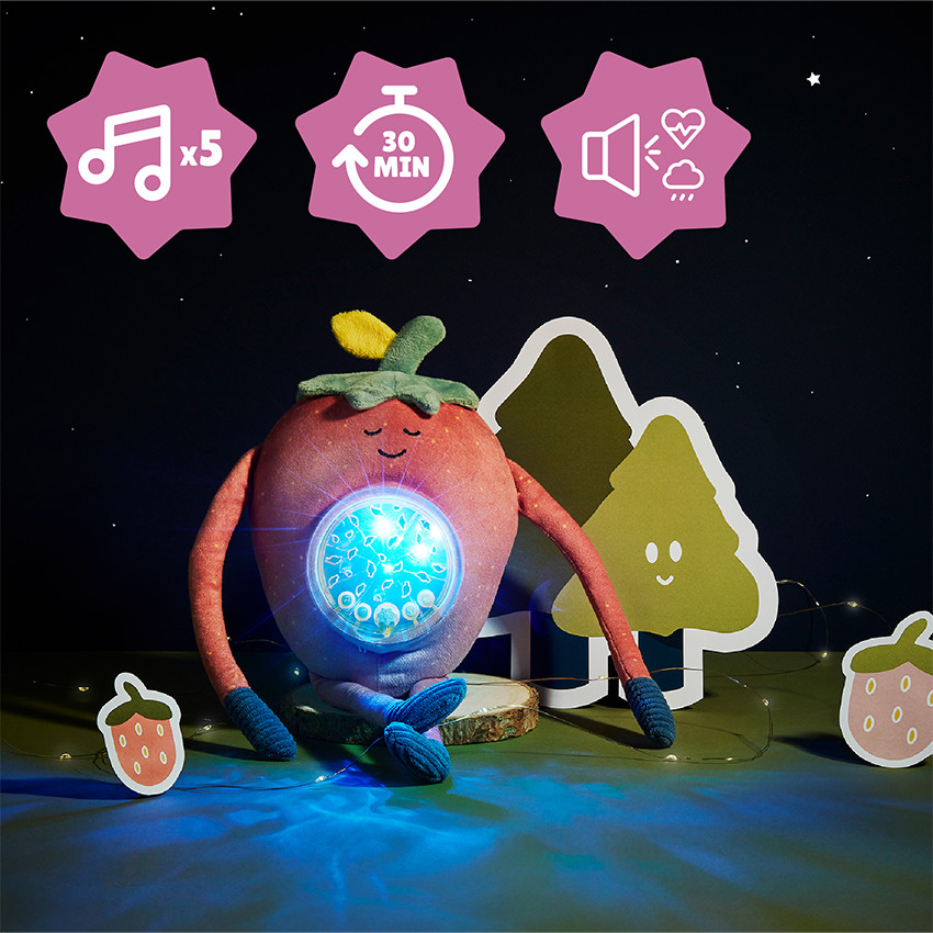 Veilleuse & berceuse en peluche Barnabé la fraise 