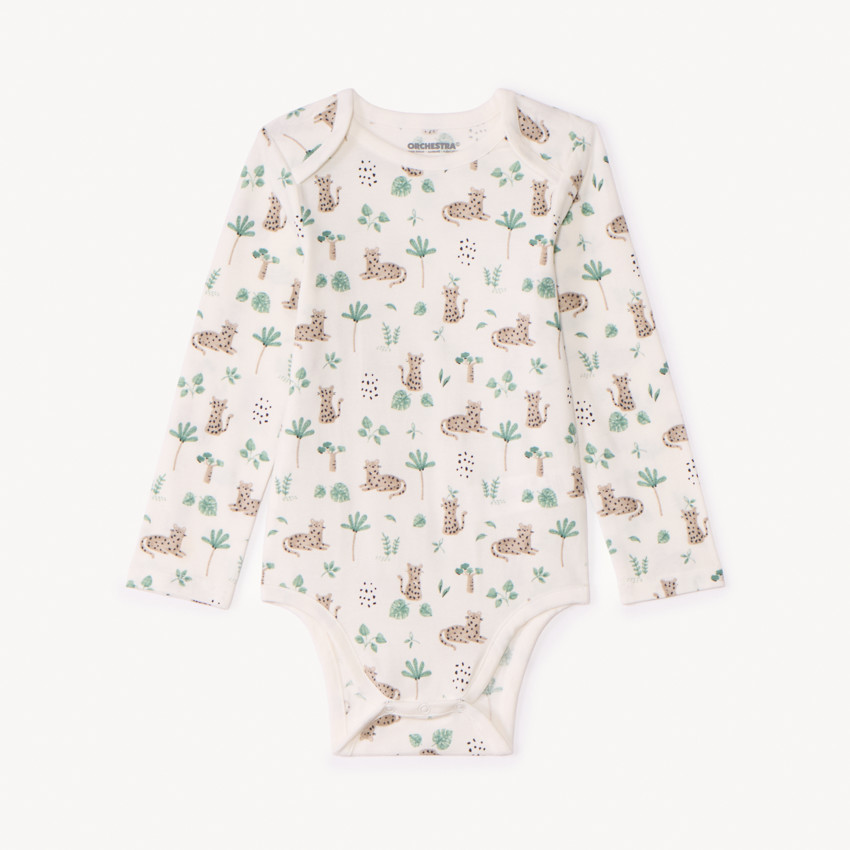 Pack de 5 bodies de manga larga leopardo para bebé niño con cierres diferentes según la edad. 