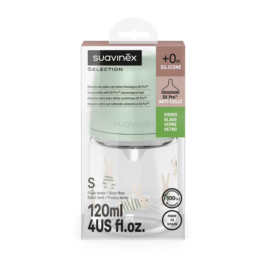 Biberón de vidrio con tetina fisiológica SX Pro S 120ml Wonderland conejitos verde 