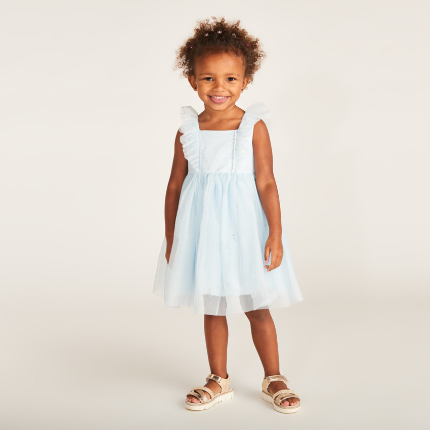 Vestido de tul brillante con mangas de mariposa para niña bebé 
