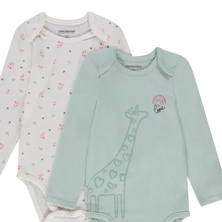 Pack de 5 bodies de manga larga para bebé niña con diferentes aperturas según la edad. 