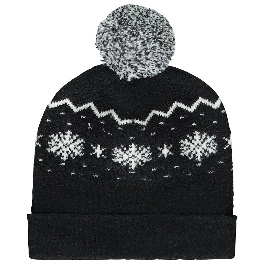Bonete de fantasía de punto con motivos de copo de nieve y pompón 