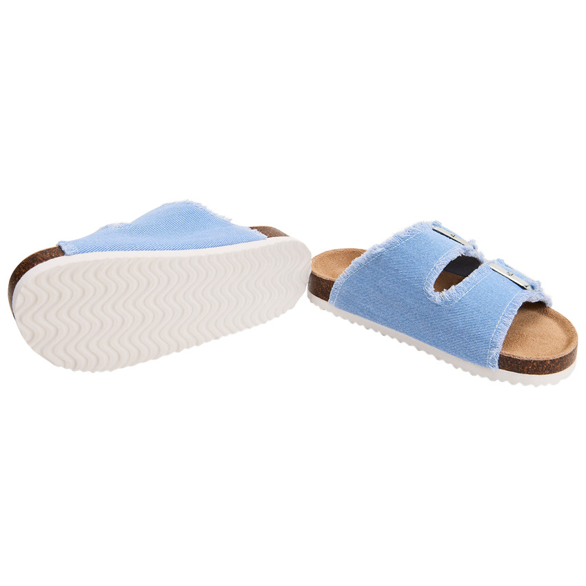 Chanclas azules con doble hebilla y flecos para niña 