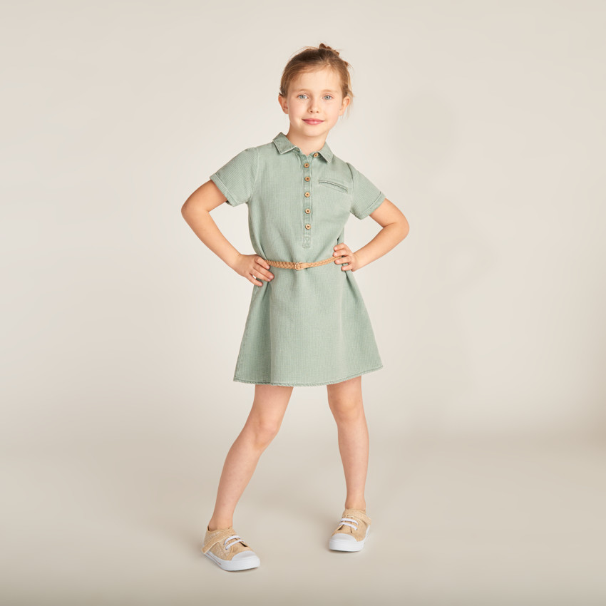 Vestido camisa de manga corta con cinturón para niña 