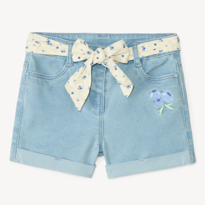 Pantalones cortos de denim con bordado de frutas + cinturón para atar para niña. 