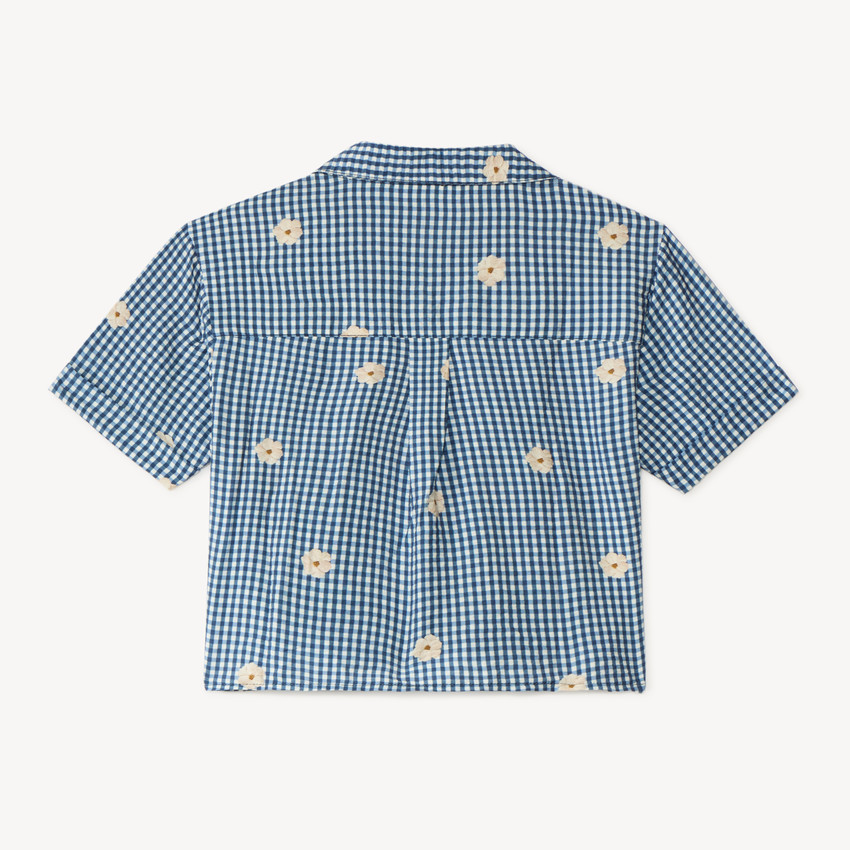 Camisa de cuadros de manga corta con bordado de flores para niña 